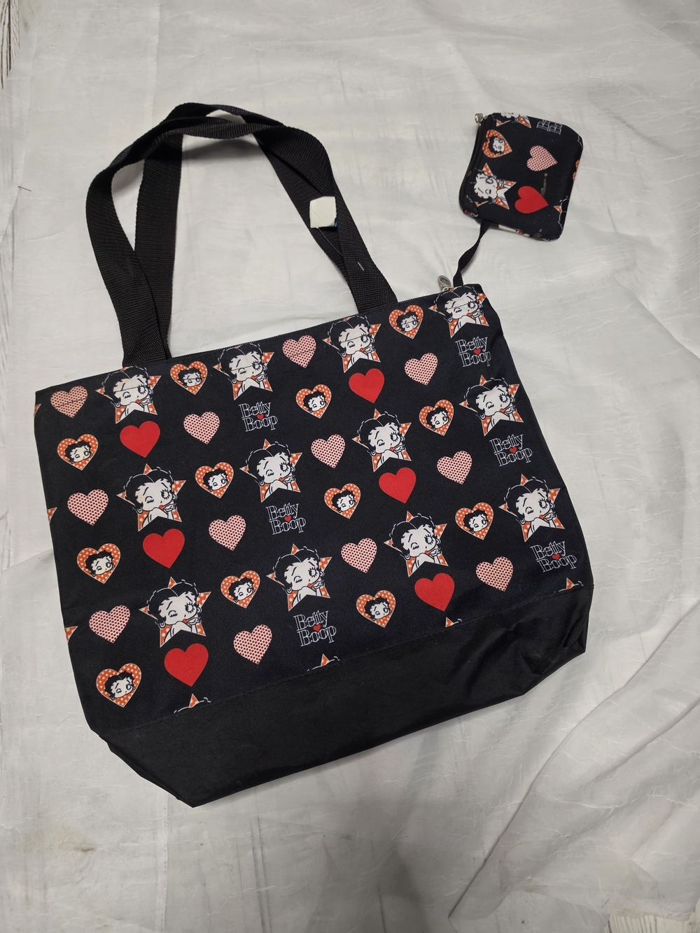 Betty Boop Black Tote with Red and Cream Heart Print